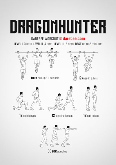 Dragonhunter is a DAREBEE home fitness total body strength home workout suitable for men and women who want advanced strength exercises at home.