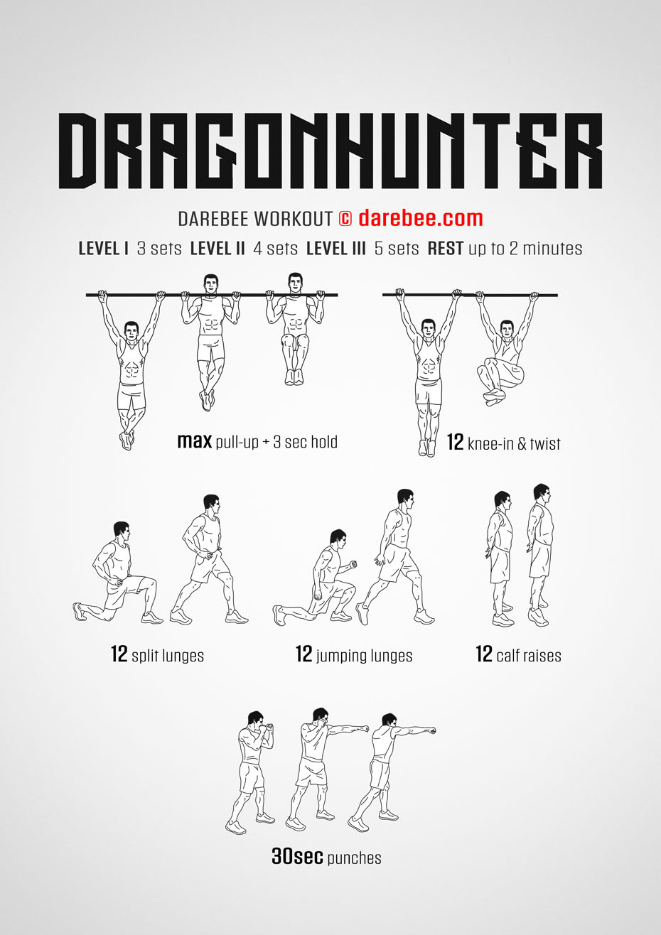 Dragonhunter is a DAREBEE home fitness total body strength home workout suitable for men and women who want advanced strength exercises at home.