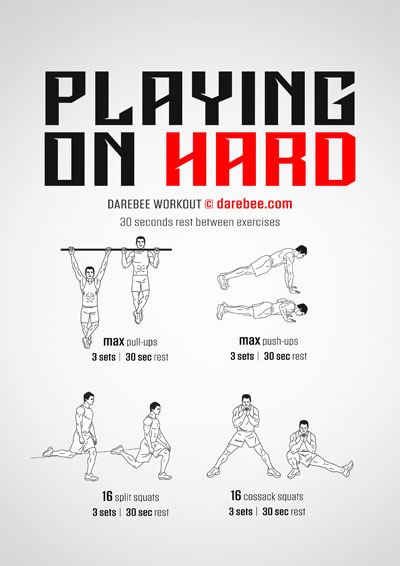 Playing On Hard is a DAREBEE home fitness workout that helps you develop amazing total body strength exercising at home.