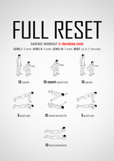 Full Reset is a DAREBEE home fitness strength and tone workout that targets almost the entire body for a workout designed to deliver strength and agility gains.