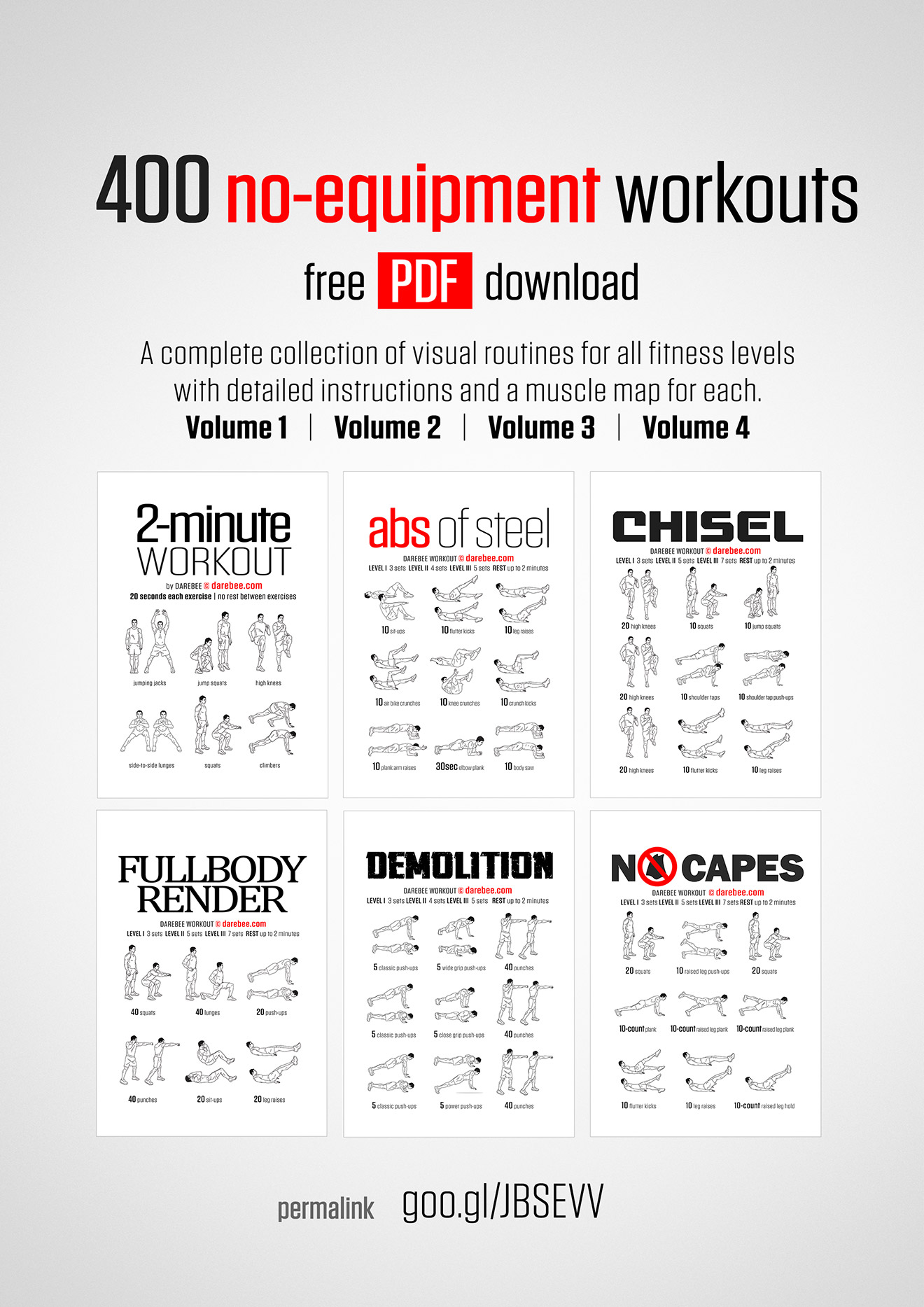 400 no-equipment home fitness workouts, field-tested by DAREBEE volunteers, designed to help you get fitter and healthier at home, without any equipment.