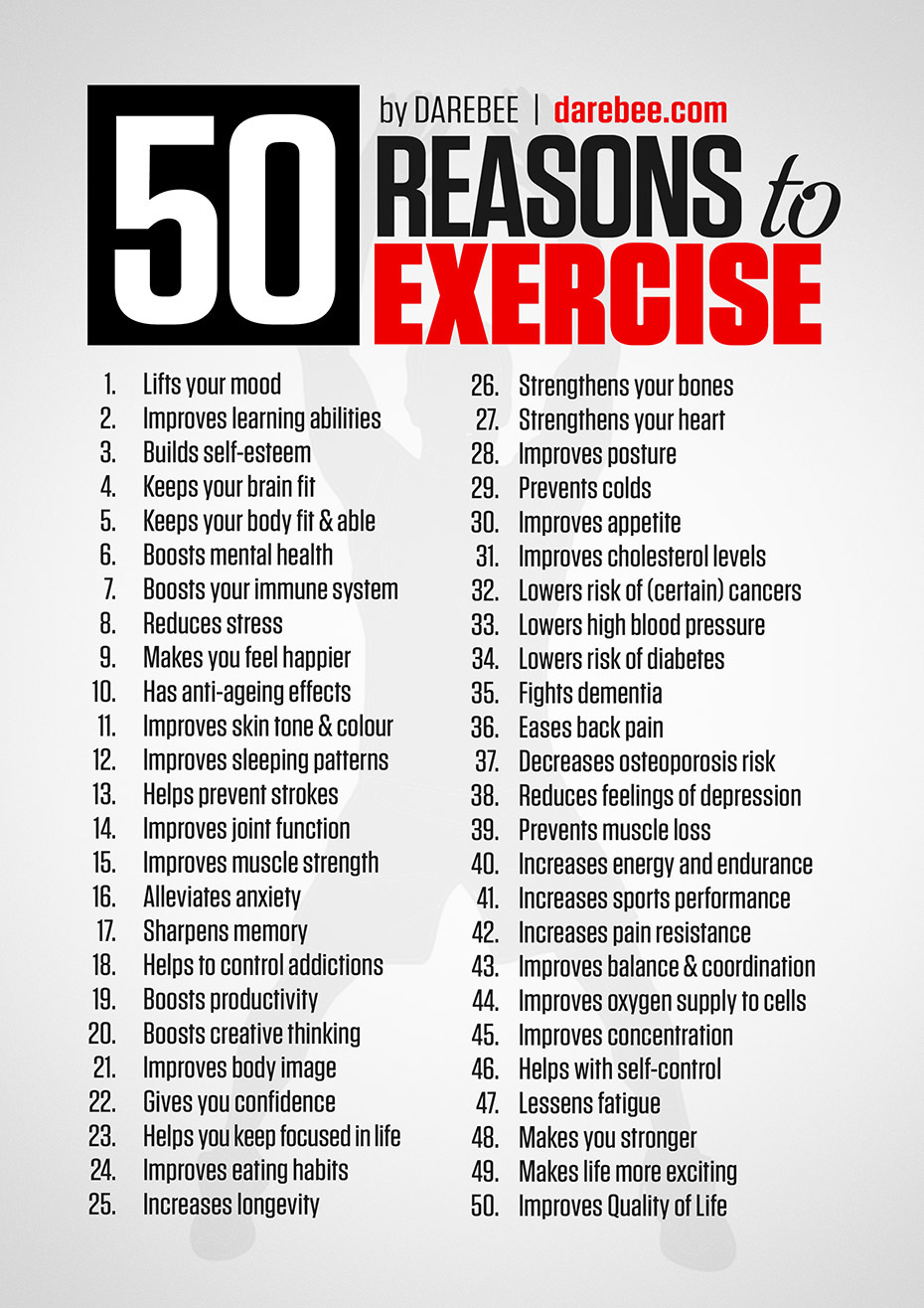 50 Good Reasons To Exercise is a DAREBEE home fitness motivation poster designed to help you find the motivation you need to keep yourself fit and healthy on your own.