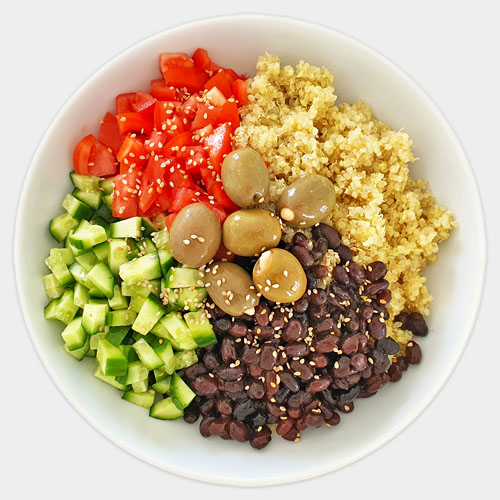 Quinoa with black beans tomato and cucumber visual recipe card