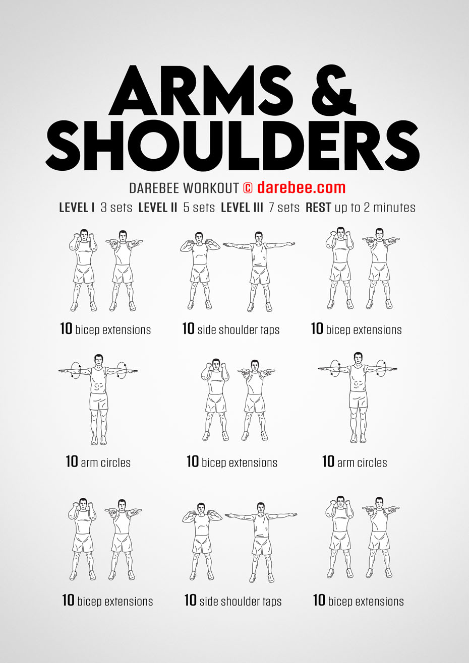 Arms & Shoulders is a DAREBEE beginners home fitness routine that focuses on upper body strength and fitness and needs no equipment to perform.