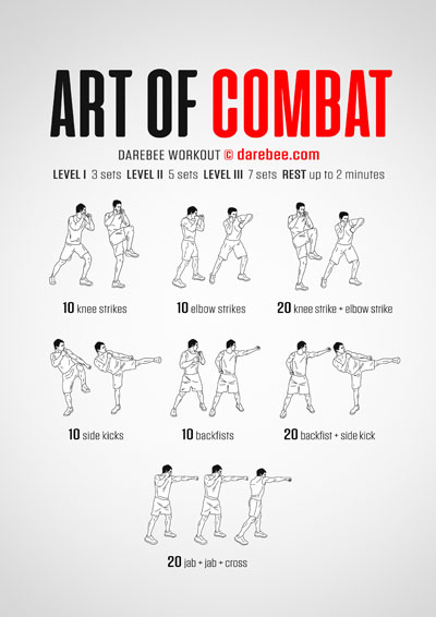 Art Of Combat is a DAREBEE home fitness combat moves based workout that targets the entire body challenges your cardiovascular system and improves your aerobic capacity.