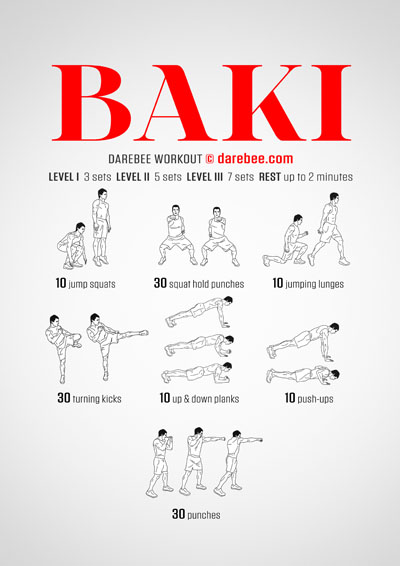 Unleash your inner warrior with the Baki workout, a Darebee home-fitness set of exercises designed to train every muscle in your body and work all your physical attribute skills.