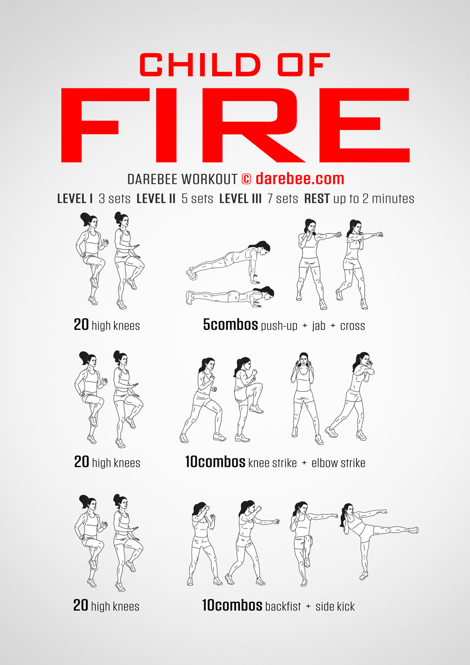 Child Of Fire is a DAREBEE combat moved based home fitness, no-equipment workout that will make you feel completely free in how you choose to move your body.