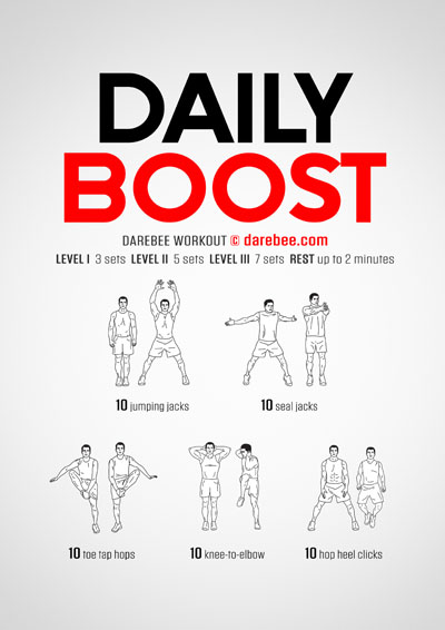 Daily Boost is a Darebee home-fitness cardiovascular and aerobics orientated workout that will help you raise your recovery time after exercise and increase your endurance.