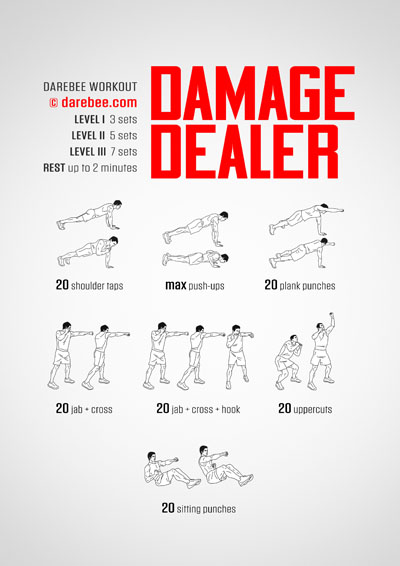Damage Dealer is a Darebee home-fitness strength workout that improves coordination and increases power output.
