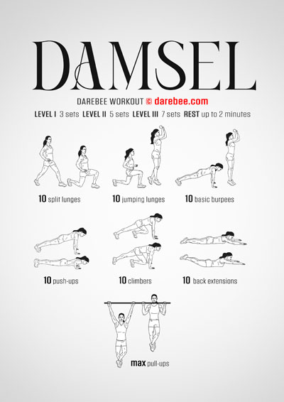 Damsel is a DAREBEE home-fitness, total body strength advanced home workout that combines bodyweight and equipment exercises.