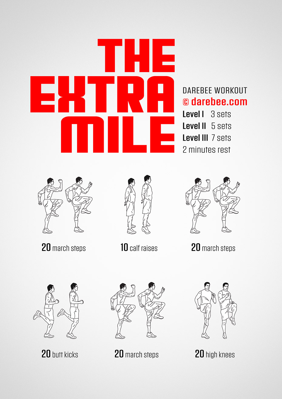 The Extra Mile is a DAREBEE workout that pushes your body and mind to perform at high intensity over a period of time.