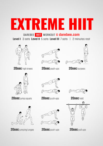 Extreme HIIT is a difficulty level V Darebee home-fitness workout that will push your cardiovascular fitness and aerobic capacity to the limit and test your recovery time.