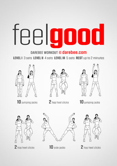 Feel Good is a DAREBEE home fitness no-equipment workout that will lift your mood just as it helps you train your body.
