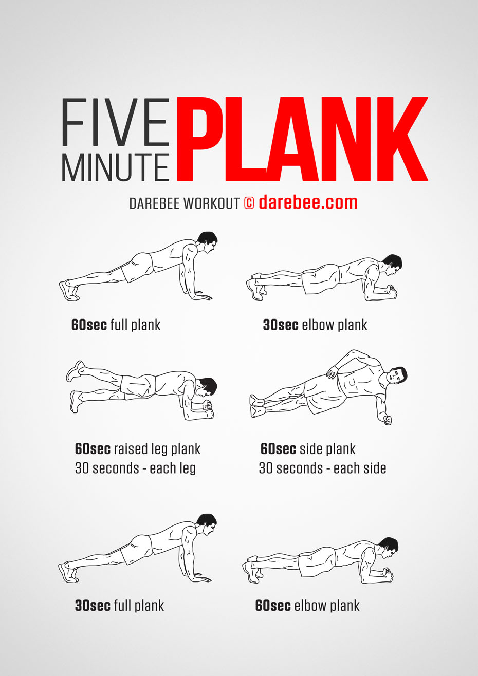 Five Minute Plank is a DAREBEE home fitness bodyweight workout that will help you develop strong core and strong abs at home.