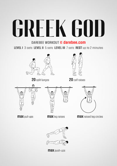 Greek God is a difficulty level V Darebee home-fitness total strength workout.