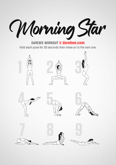 Morning Star is a DAREBEE home fitness yoga-based no-equipment workout that helps you improve lower body mobility and flexibility.