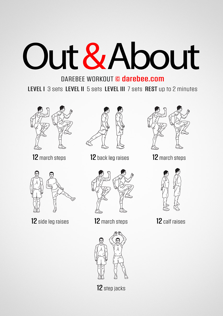 Out & About is a DAREBEE home fitness workout that provides a home cardio and walking , low-impact workout you can do at home with next to zero required space.