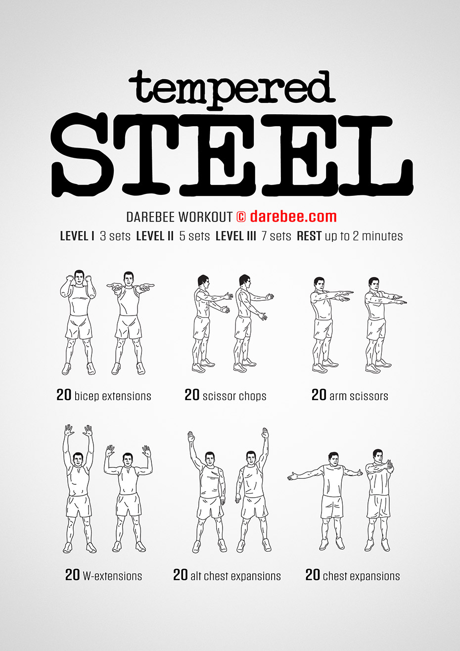 Tempered Steel is a DAREBEE home fitness no-equipment upper body workout that helps you develop a stronger upper body without equipment, at home.