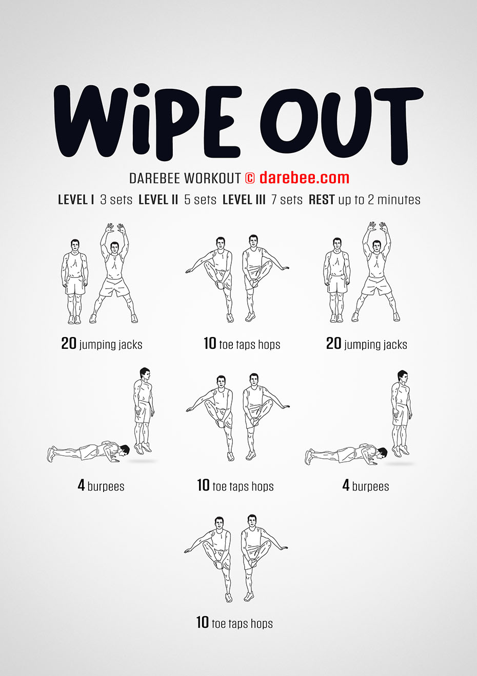 Wipe Out is a Darebee home fitness workout that uses moderate-to-high impact exercises to help you develop fascial fitness and become more resistant to fatigue.